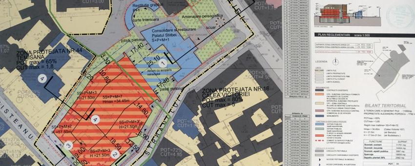 Planșa de reglementări a PUZ 'Complex multifuncțional Calea Victoriei 107' prezentată de Westfourth Architecture SRL, autorul proiectului, în 21 ianuarie, în Comisia Tehnică de Urbanism și Amenajarea Teritoriului a PMB