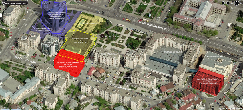 vedere aeriană str.Cuza Vodă - imagine satelitară Bing Maps (Blom & Microsoft Corporation), prelucrare grafică Gabriela Mircea