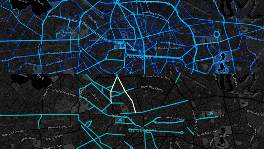 sus: flux bicicliști Strava Labs; jos: marcarea listei străzilor publicată de B365 pe care municipalitatea intenționează să realizeze piste - plan de bază: Google Maps