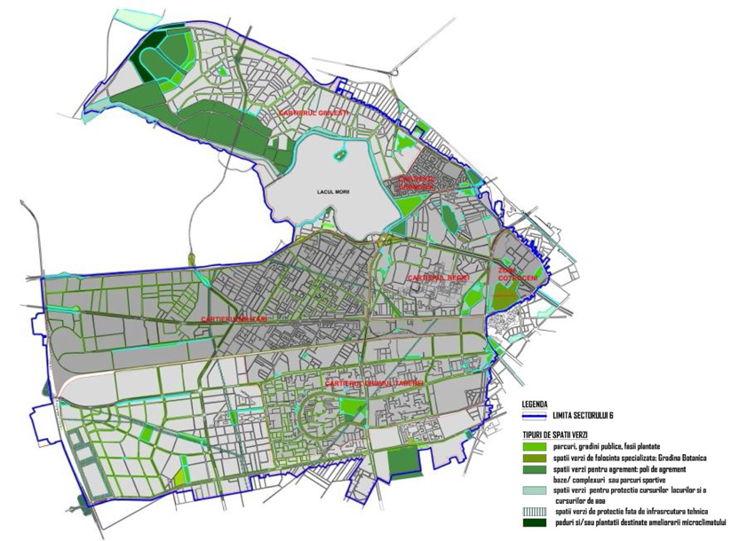 repartiţia spaţiilor verzi în sector potrivit proiectului PUZ - sursa: Raport de Mediu. Plan Urbanistic Zonal Sector 6, p. 236